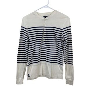 Ralph Lauren Sport Womens Henley Shirt Medium Cream Navy Blue Stripe Anchor Logo